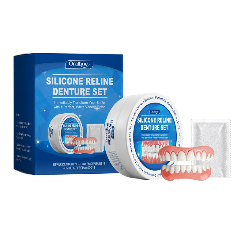 Conjunto de dentadura de reline de silicone, folheados reutilizáveis destacáveis, dentes para dentes ortodônticos, homens e mulheres,