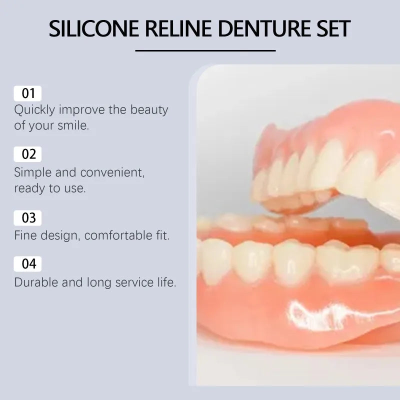 Conjunto de dentadura de reline de silicone, folheados reutilizáveis destacáveis, dentes para dentes ortodônticos, homens e mulheres,