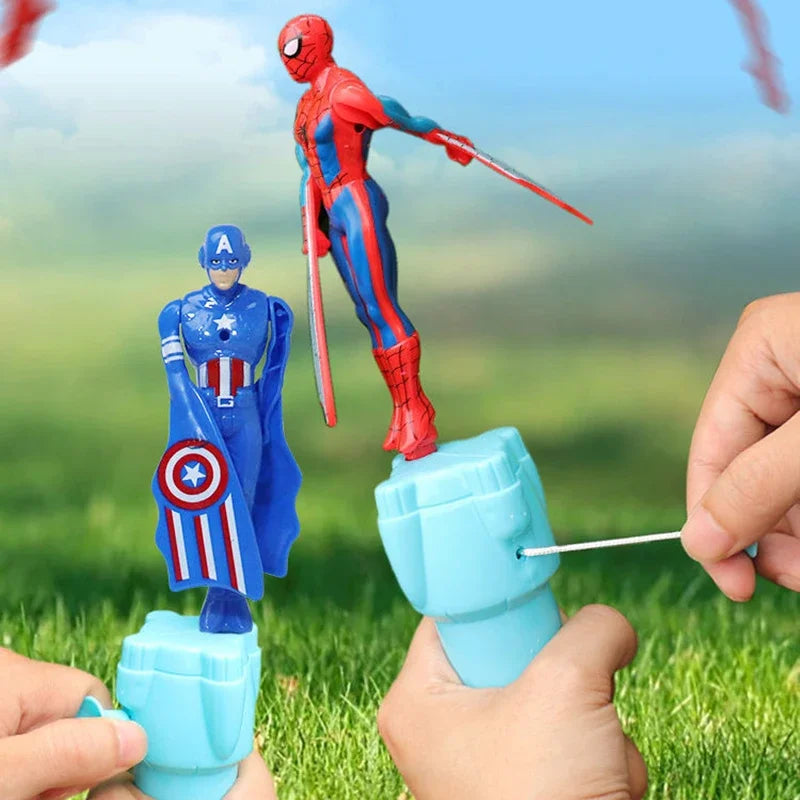 Anime homem-aranha de bambu libélula brinquedo voador homem de ferro capitão corda giratória brinquedos voadores brinquedo ao ar livre para meninos presente para crianças